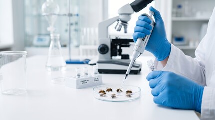 Fototapeta premium Scientist using micropipette on honey bees in laboratory petri dish