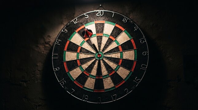 A dartboard with a dart in the bullseye, illuminated by a spotlight against a dark, textured background. The dart's tip is precisely embedded in the center, symbolizing accuracy and a perfect shot