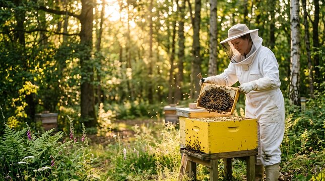 Beekeeper in protective suit tending to beehives in a sunlit forest.