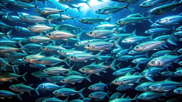 School of bioluminescent fish swimming in sync underwater