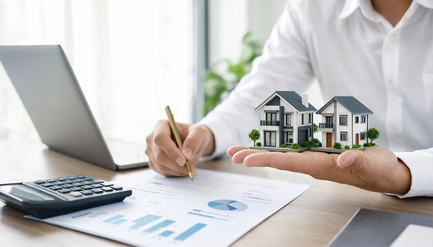 Mortgage planning for homebuyers. Real estate advisor analyzing loan options with house model. Financial consultation for property purchase.