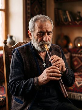 Elderly man playing traditional Armenian duduk woodwind instrument in cozy home