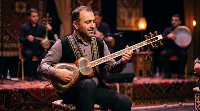 Azerbaijani musician playing traditional tar instrument during mugham concert