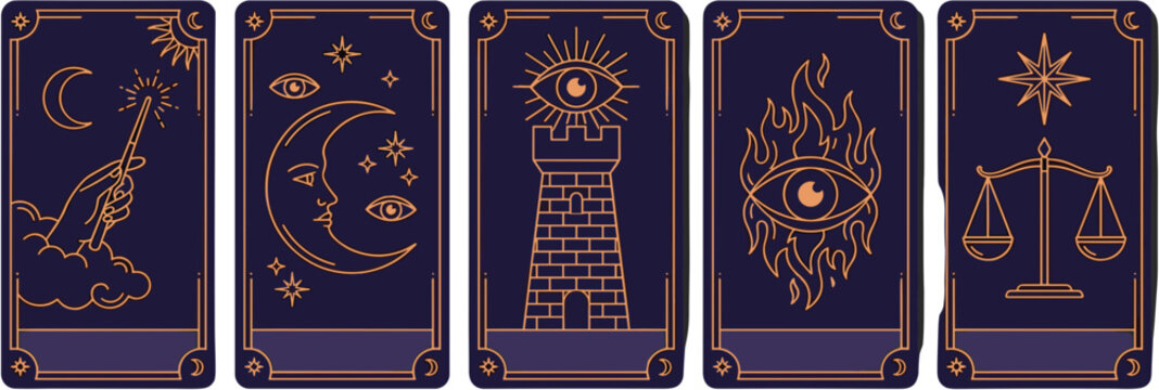 Mystical Tarot Card Set with Celestial and Esoteric Symbols in Gold and Purple.