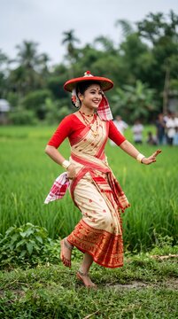 Assamese woman performing traditional Bihu dance in a green field of Assam
