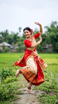 Traditional Assamese Bihu dance performance in a lush green rice field, India