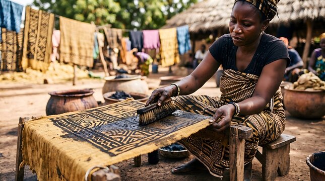 African artisan woman applying mud dye to traditional Bogolan fabric in Mali