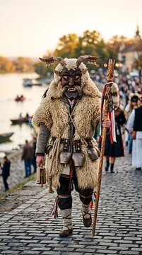 Traditional Buso in wooden mask at Busojaras carnival in Mohacs, Hungary