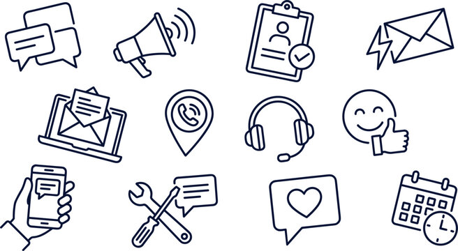 Customer Service and Marketing Support Line Icon Set with Megaphone Headset Chat Bubble Laptop Mail Smartphone and Technical Help Symbols