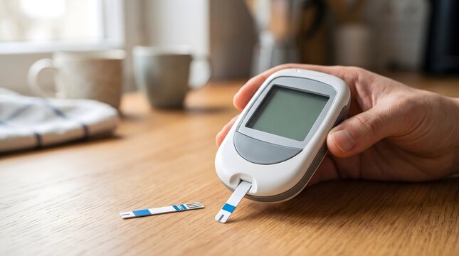 Hand holding a blood glucose and cholesterol meter for home health monitoring.