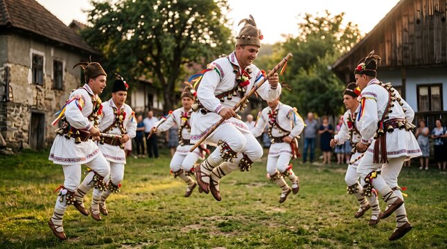 Romanian folk dancers performing traditional Calusari ritual dance in village
