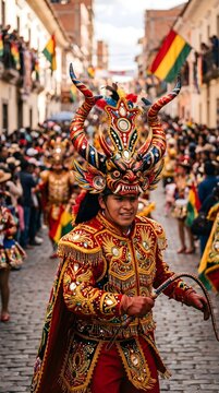 Traditional Diablada dancer in colorful devil mask at Carnival of Oruro