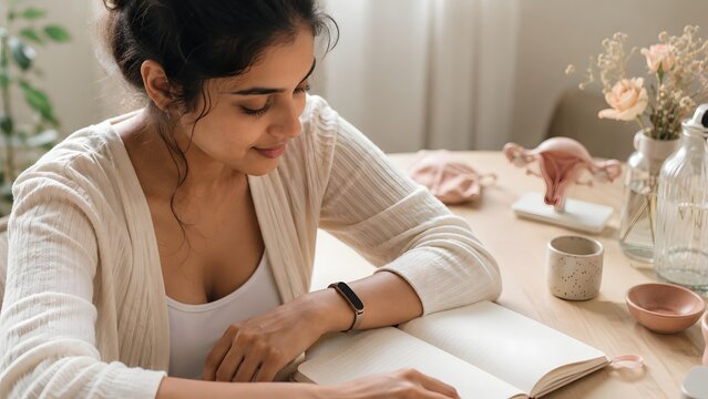 Young woman using a wearable smart tracker and journal for menstrual health.