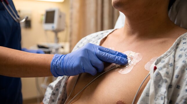 Medical professional applying an ECG patch to a patient's chest in a hospital.