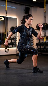 Athletic woman doing lunge training in EMS electro muscle stimulation suit