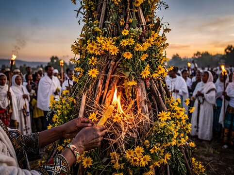 Lighting Demera bonfire with yellow flowers during Ethiopian Meskel festival