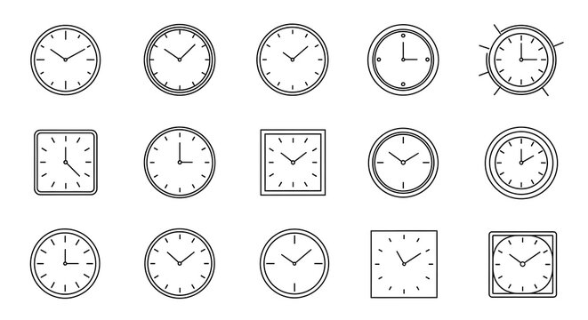 Black and White Clocks Array in Various Round and Square Frames
