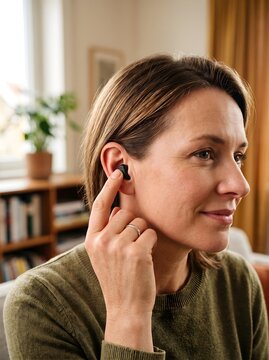Smiling woman adjusting a modern discreet in-ear hearing aid at home