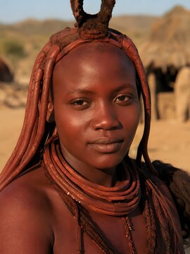 Portrait of a Himba woman with traditional ochre hair and otjize in Namibia