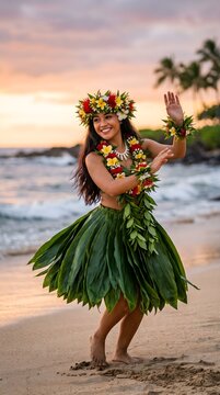 Hawaiian hula dancer performing traditional dance on a sandy beach at sunset