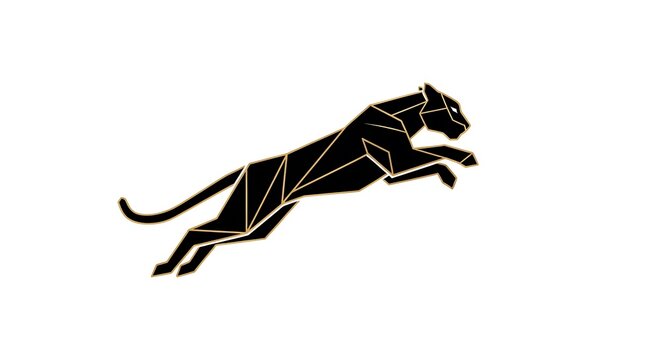 Black Geometric Jaguar Leaping Across White Background