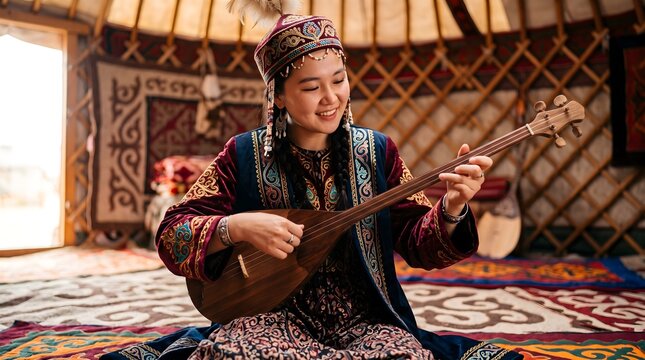Young Kazakh woman in traditional dress playing a dombra lute inside a yurt