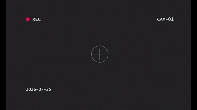Security camera interface with recording icon on black background 4k