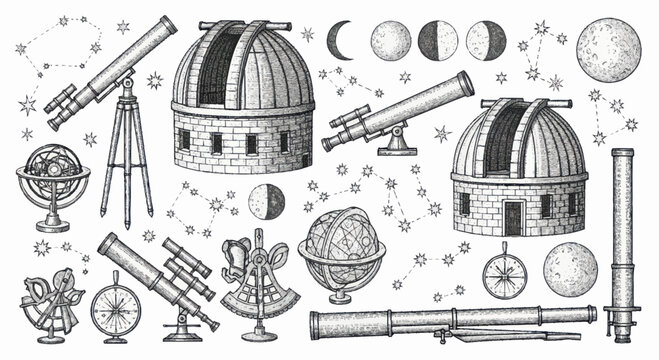 Vintage Astronomical Instruments Collection - Telescopes, Observatories, and Celestial Globes.
