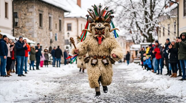 Traditional Slovenian Kurent running during Kurentovanje carnival festival