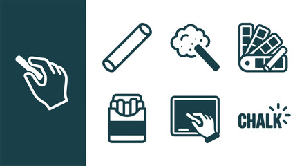 Fototapeta premium Minimalist Dark Teal Chalk Icon Set Featuring Chalk Sticks, Dust Cloud, Color Palette, Box, Hand Writing on Blackboard, and Chalk Typography in Flat Vector Style on White Background.