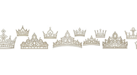 Crowns and tiaras are arranged in a horizontal row against a clean white background to create an elegant border design. © NGLARANGAN