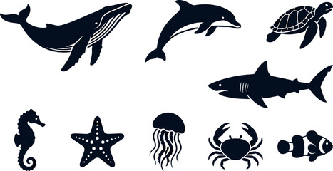 Sea animals and ocean life black silhouettes vector set with whale dolphin shark turtle and fish isolated on white background © Prodip