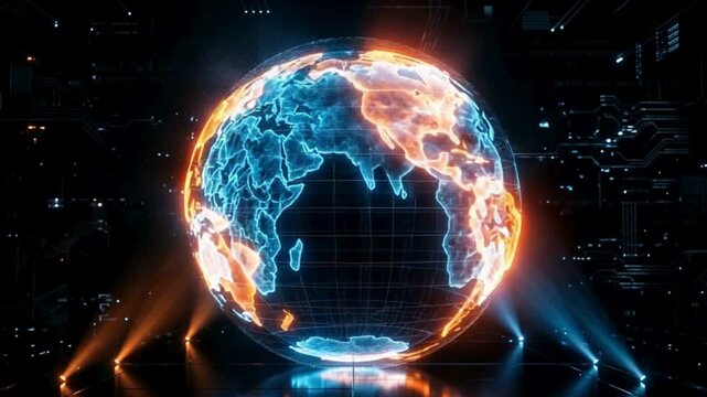 Glowing digital planet earth hologram spinning in dark cyber space representing global