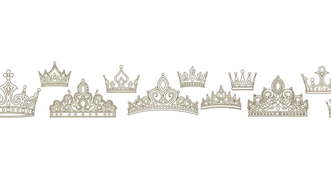 Crowns and tiaras are arranged in a horizontal row against a clean white background to create an elegant border design.