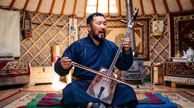 Mongolian musician playing morin khuur and throat singing in traditional yurt