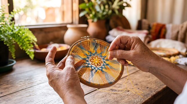 Hands crafting traditional Paraguayan &Ntilde;andut&iacute; lace on a wooden embroidery hoop