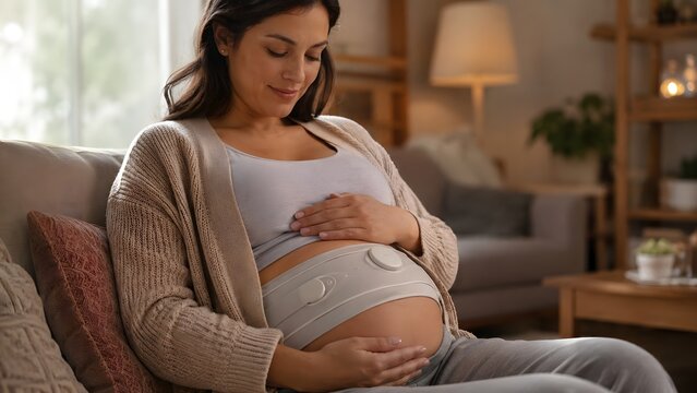 Smiling pregnant woman wearing a smart fetal monitor on her belly at home