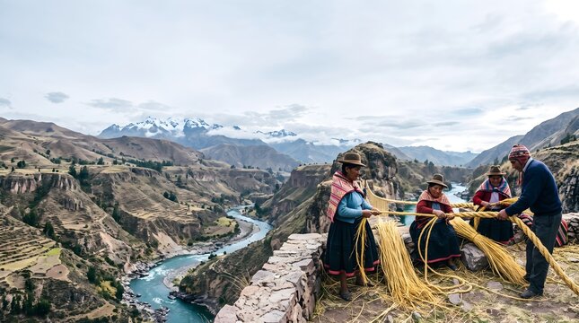 Indigenous Peruvians weaving grass ropes for the historic Qeswachaka bridge