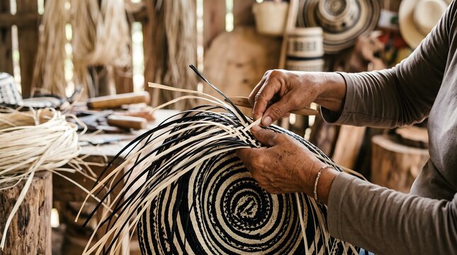Artisan weaving a traditional Colombian sombrero vueltiao hat with ca&ntilde;a flecha