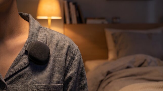 Close up of wearable sleep position trainer and anti snoring device on pajamas