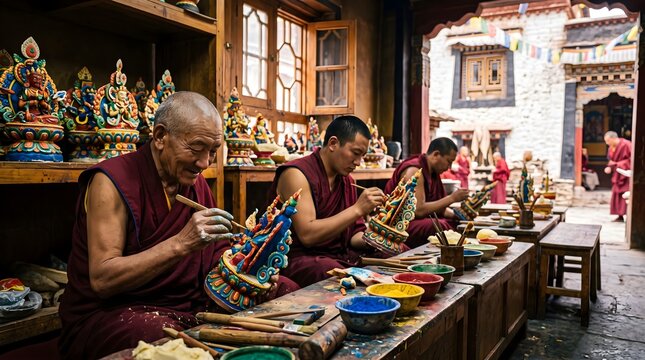 Tibetan Buddhist monks painting traditional torma butter sculptures in a temple