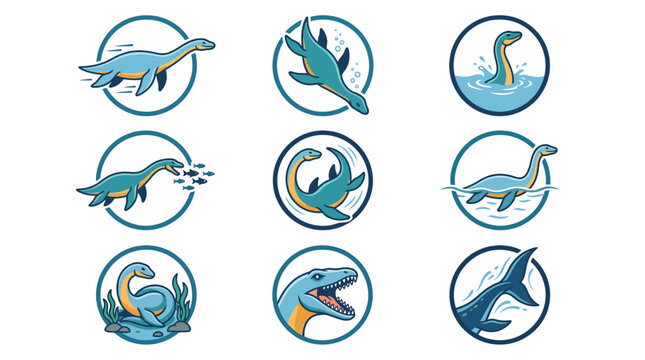 Circular icons featuring aquatic prehistoric reptiles and marine life.