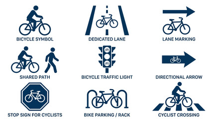 Obraz premium Collection of bicycle traffic road signs and safety icons