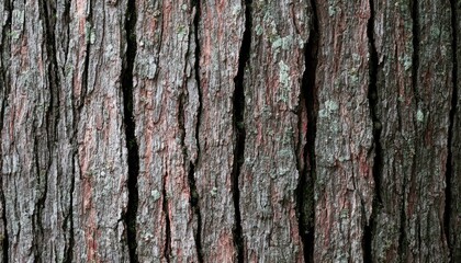 Naklejka premium Close up textured view of weathered, reddish-brown tree bark with vertical grooves and mossy patches