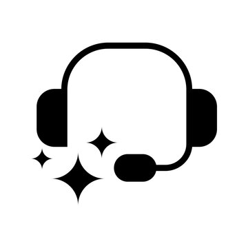 Minimal headset icon with sparkle elements representing AI customer service, virtual assistant, chatbot, and automated support.