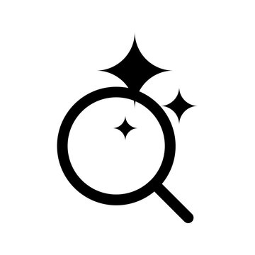 Minimal line icon of a magnifying glass with sparkle stars representing AI search, smart search, enhanced discovery, and artificial intelligence technology.