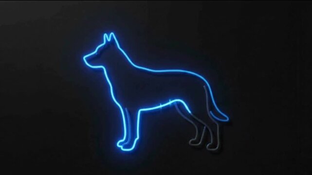 Minimalist blue neon glowing outline of a dog silhouette on a dark background animal pet light
