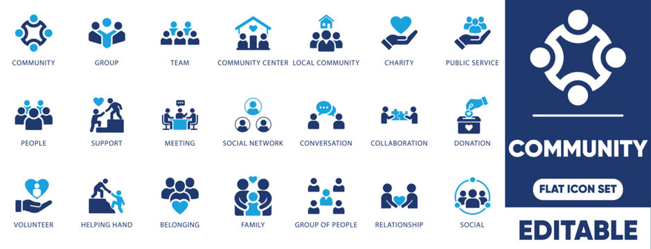 Flat community and charity icon set with support, volunteer, donation, team, and social vectors. Editable.