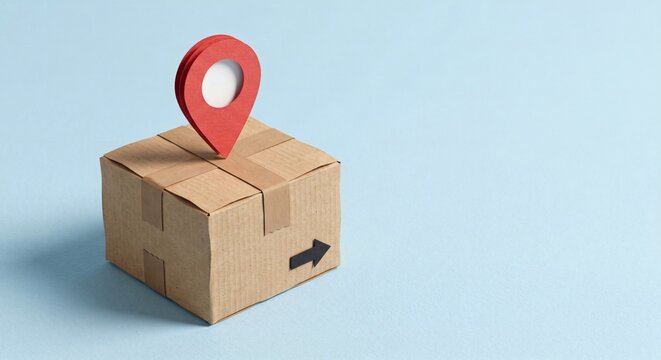 Minimalist 3D papercraft style cardboard delivery box and red location pin