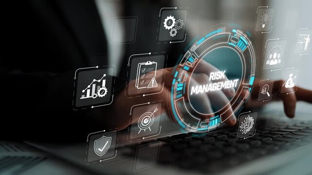 Business professional engaging with digital tools for risk management, analyzing data and creating strategies for mitigating financial and operational risks. Sigmoid